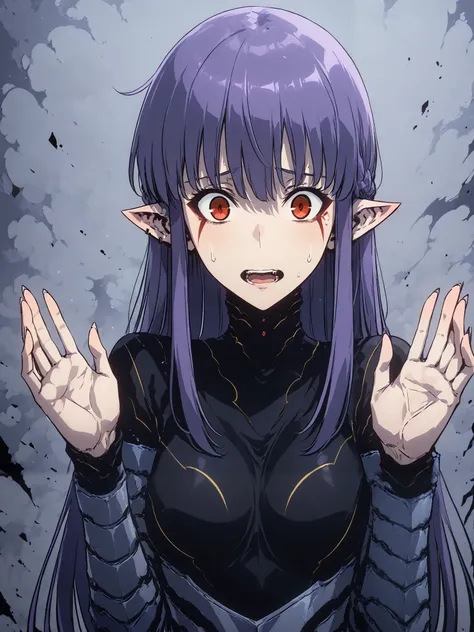 1girl, solo, esil radiru, beautiful, extremely worried, waving hands in front of body, panicking, plain black shirt, slender body, medium breasts, highly detailed eyes, expressive eyes, natural eye shape, iris with visible details, anatomically correct, su...
