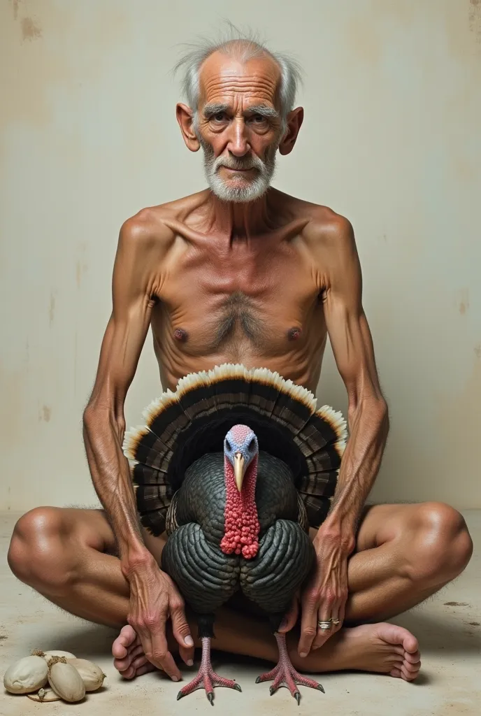 a naked old man with a turkey lying in the middle of his legs