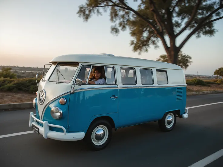 Side view of a person driving on a road in Brazil, an old blue and white van Kombi (1965) Vw,  right view , side view,, Realistic photo,  photo control, Side photo , professional photo, Realistic photo