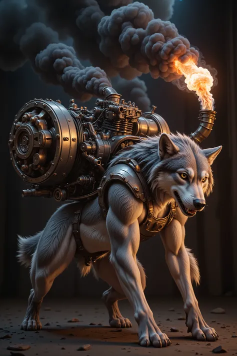 The image features a surreal fusion of a wild creature, combining the fierce head and front legs of a gas-powered running wolf with the robust back legs of a mechanical contraption. The wolf's fierce gaze is accentuated by the glint of metal, while its mus...