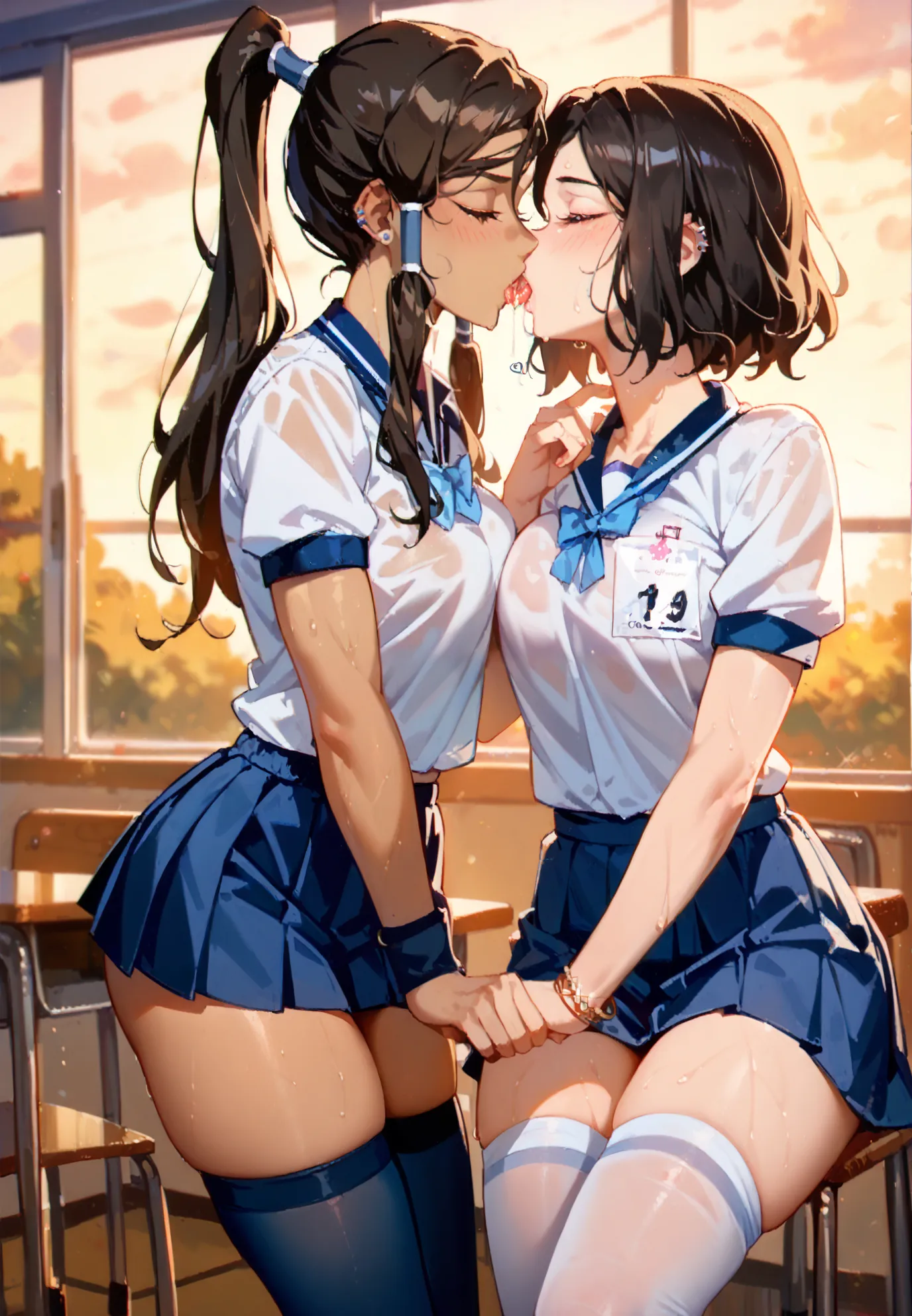 2 girls, sexy display, (girl1 is Korra, schoolgirl cosplay, blue stockings), (girl2 is Katara, school gym outfit, white stockings), kissing, drool, sweaty, seductive atmosphere, seduction, piercings, bracelets, BREAK, classroom, dusk, evening, cinematic li...