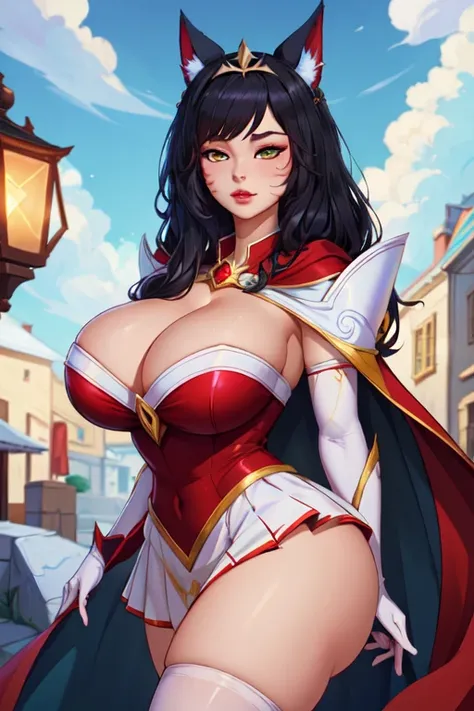 (masterpiece, best quality, absurdres, 4k, aesthetic, detailed, intricate),1girl,nikkecrwn,tiara, hair ribbon, black hair, 
 Ahri from League of Legends,  hair ornament, red dress, cape, cleavage cutout, white overskirt, skirt, elbow gloves,




