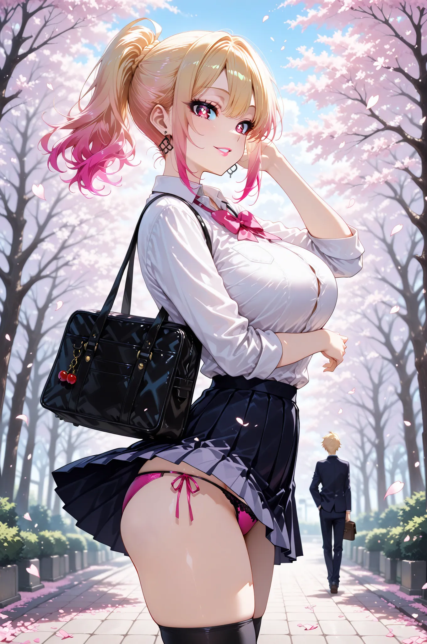 detailed luxurious school uniform, detailed red-ribbon and pleated skirt, wind lift, luxurious lowleg panties, black over-kneehighs, satchel with a lot of accessories, hand in own hair, leaning foward, (slightly open legs:0.7), 
 BREAK 
beautiful and cute ...