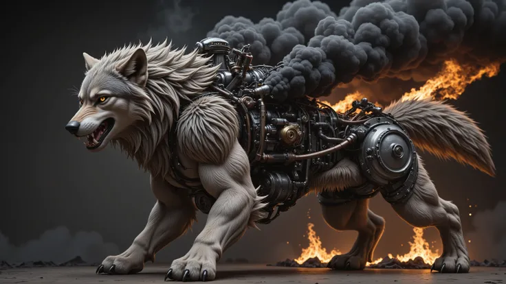 The image features a surreal fusion of a wild creature, combining the fierce head and front legs of a gas-powered running wolf with the robust back legs of a mechanical contraption. The wolf's fierce gaze is accentuated by the glint of metal, while its mus...