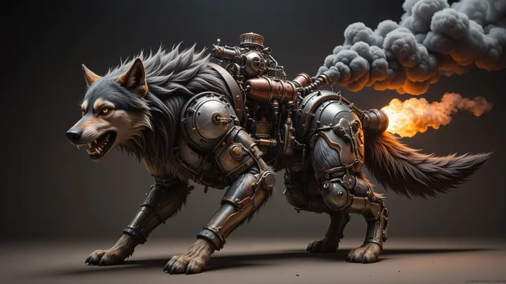 The image features a surreal fusion of a wild creature, combining the fierce head and front legs of a gas-powered running wolf with the robust back legs of a mechanical contraption. The wolf's fierce gaze is accentuated by the glint of metal, while its mus...