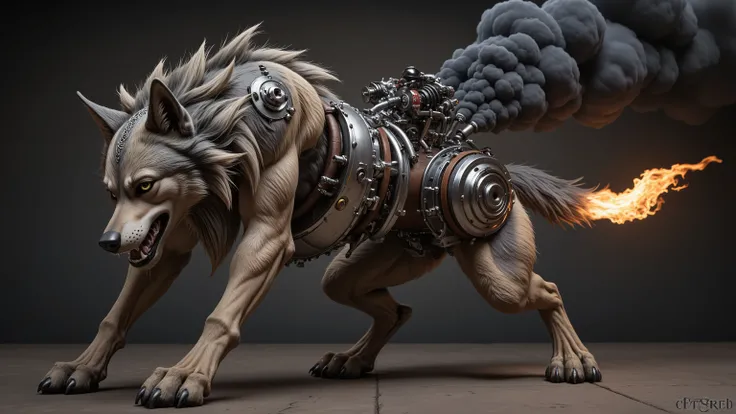 The image features a surreal fusion of a wild creature, combining the fierce head and front legs of a gas-powered running wolf with the robust back legs of a mechanical contraption. The wolf's fierce gaze is accentuated by the glint of metal, while its mus...