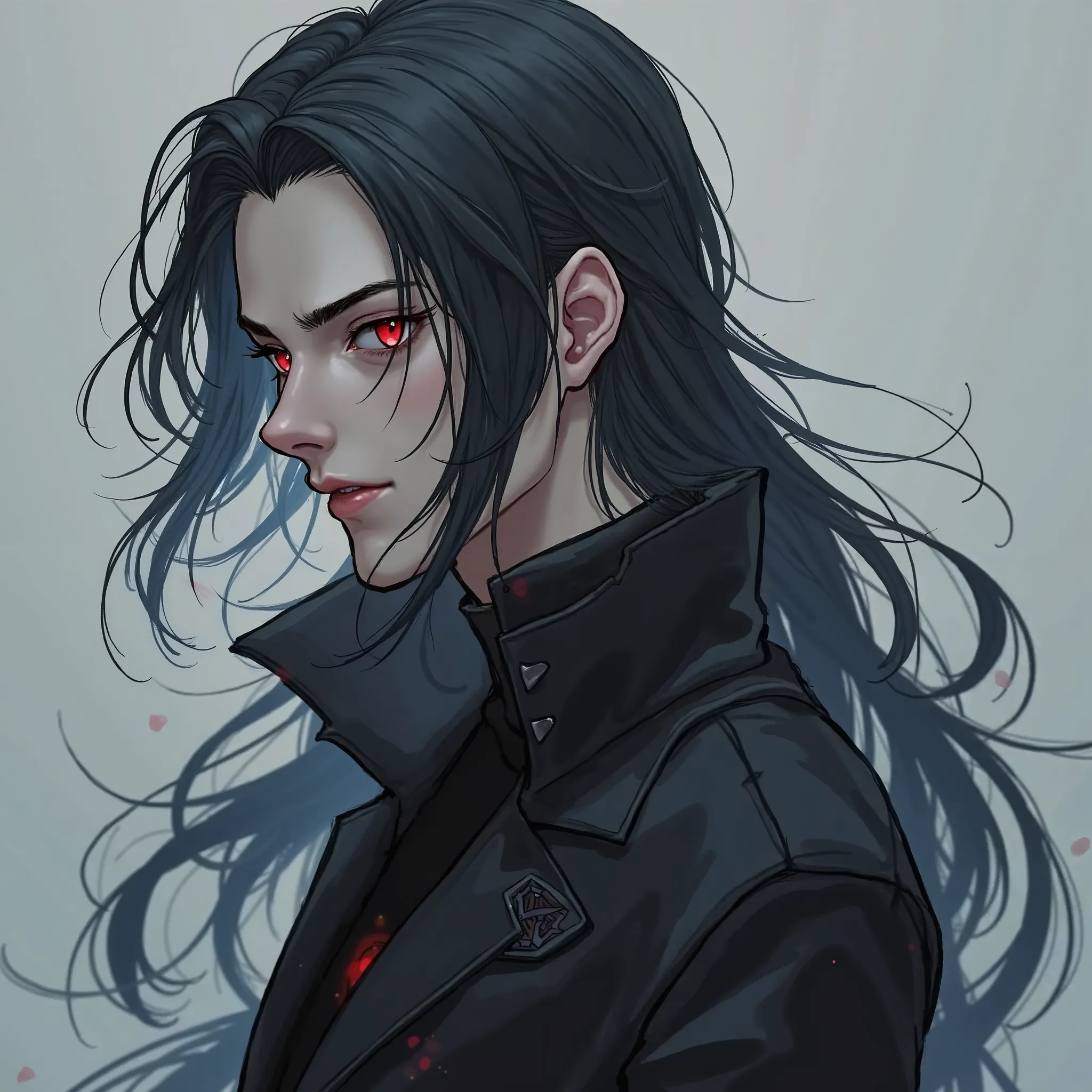 Hair: Long, black hair with light, bluish shades that fall loosely on the falling. In front, they have several streaks that slightly cover the eyes.
Eyes: Intense red, with a characteristic glow that emphasize his mysterious appearance. His reception is pe...