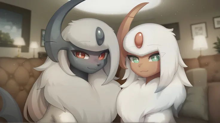 (high quality, High resolution), casal entre dois Absols, dois Absols, Absol shiny(|  light green eyes , light red facial skin, light red claws,  white pupils, Light red horns, through the white, large stripe,  a lot of hair on her chest|), Absol(| red eye...