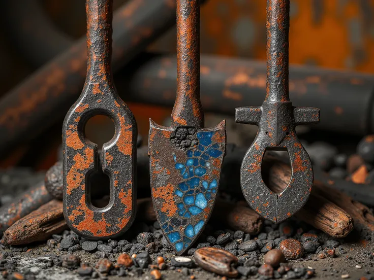 three Mapuche tools, forged steel, Rusty, Lazuli pencil , ((pieces of stone,  wood, metal)) Rusty environment, (Charcoal ), land, (Fire). ochre tones , land, metals, strength, Charcoal . ((Take with a 500mm lens, close up)) (shot From Front)  details ((com...