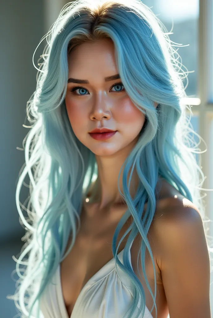 1 scandinavian girl, long multicolor hair, light blue hair, white skirt, detailed face, beautiful eyes, beautiful lips, intricate facial features, delicate skin, soft lighting, warm color palette, cinematic composition, hyper-realistic, photorealistic, 8k,...