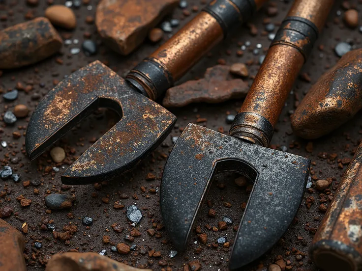 ((composition)) three Mapuche tools, forged steel, Rusty, Lazuli pencil , ((stone and metal parts)) Rusty environment, (Charcoal ), land, (Fire). ochre tones , land, metals, strength, Charcoal . ((Take with a 500mm lens, close up)) (shot From Front) ((Deta...
