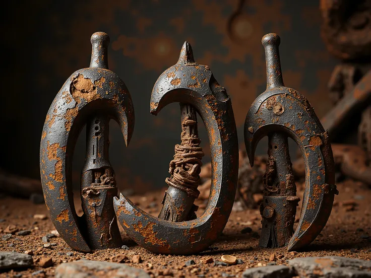 three Mapuche tools, forged steel, Rusty, Lazuli pencil , ((pieces of stone,  wood, metal)) Rusty environment, (Charcoal ), land, (Fire). ochre tones , land, metals, strength, Charcoal . ((Take with a 500mm lens, close up)) (shot From Front)  details ((com...