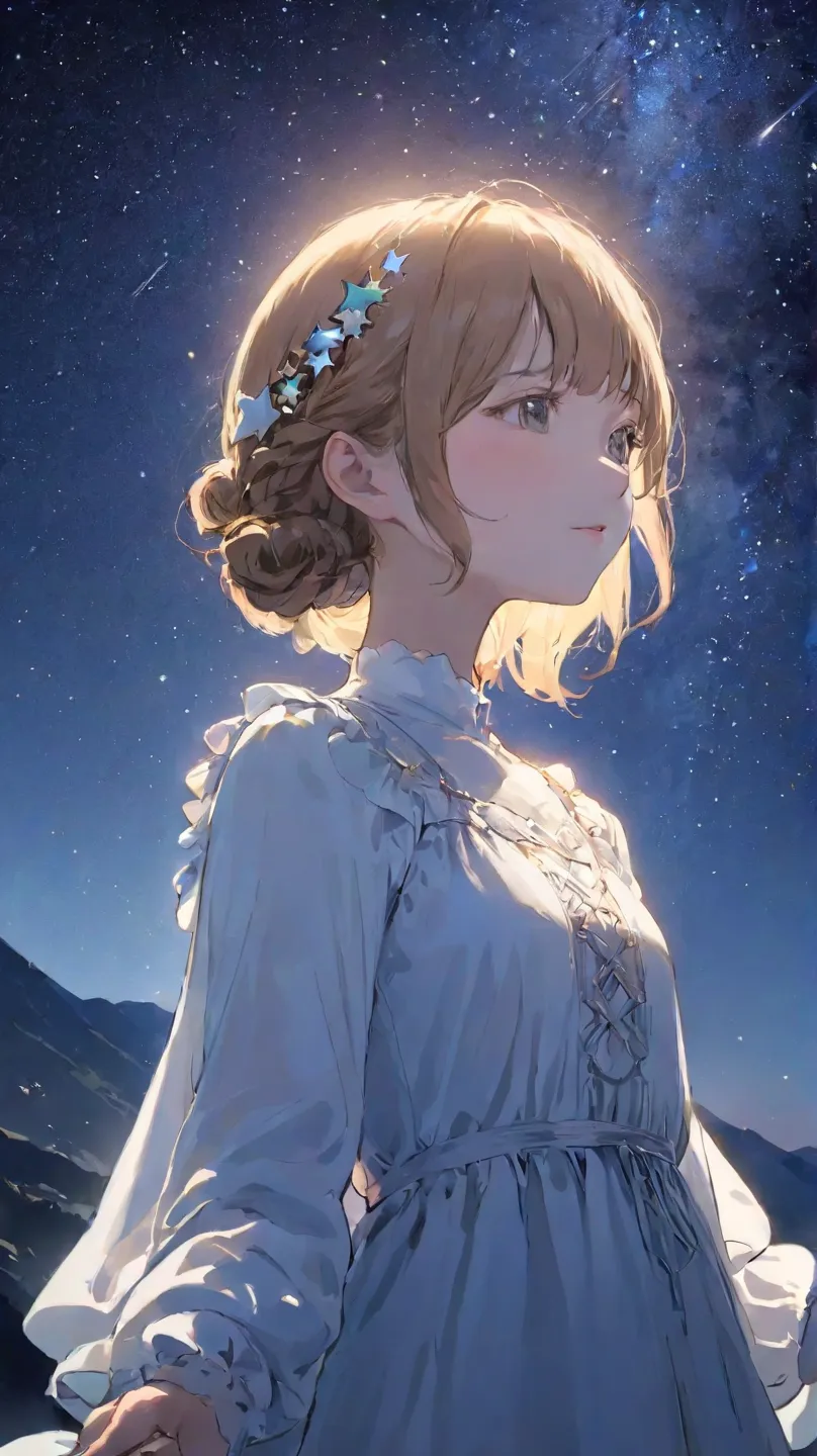  looks up_Away、 night 、ReSpect:1.5、 night 空、 Milky Way、CountleSS StarS々、one person&#39;S、8 headS、White dreSS with long SleeveS、Box DreSS、In the mountainS、dim lighting、Dark darkness、upper body、facing the front