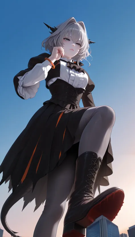one woman, one person only, tlhdef, dragon tail, short hair, grey hair, hair intakes, black horns, dragon horns, grey eyes, black jacket, cropped jacket, open jacket, juliet sleeves, underbust, orange bracelet, white shirt, center frills, black ascot, blac...