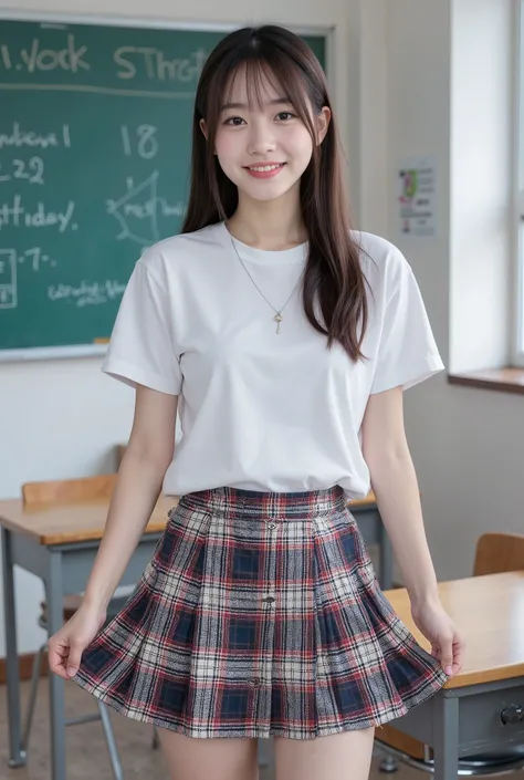 4K, 8k, realistic, Photo-like Realism, Professional, Extremely fine details, super real, Ultra HD,Japanese girls, 4th grader, Height: 148cm, Weight 38Kg, idol standing in the classroom and smiling, half twin, t-shirt, plaid miniskirt, Cute face like a,I'm ...