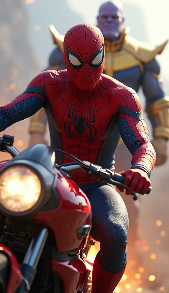 Prompt: A dramatic shot of Spider-Man revving up his Spider-Bike, his hands gripping the handlebars tightly. The bike’s energy pulses as it prepares for its next move. Spider-Man's expression is full of confidence. The bright sunlight highlights the detail...