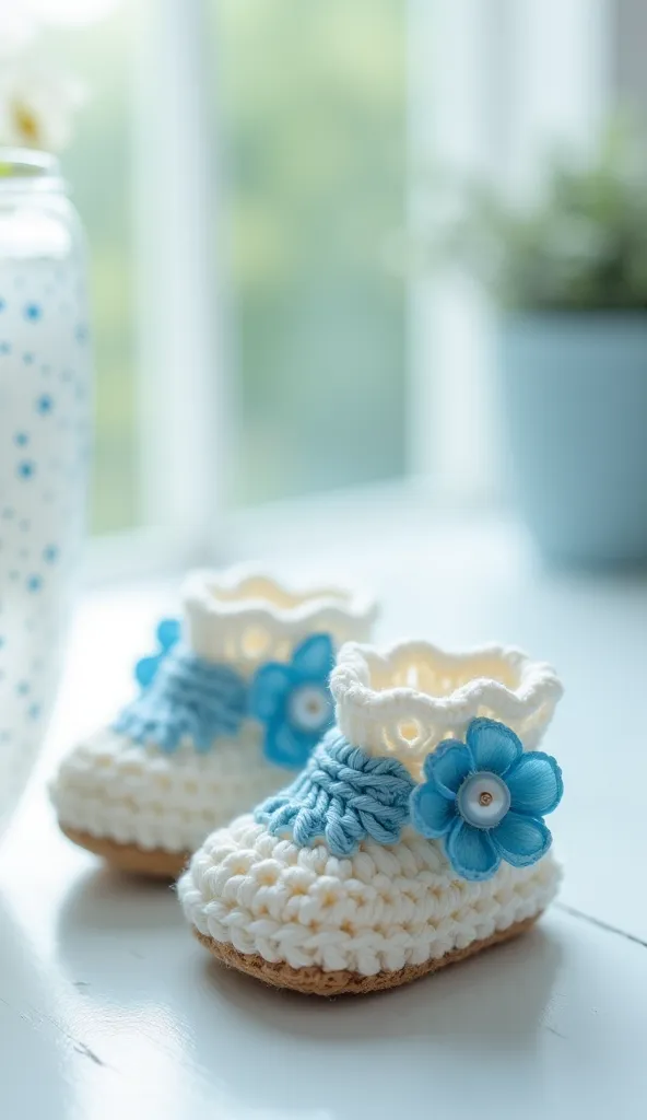 
pair of white crochet baby shoes with blue flowers, white and pale blue , white and pale blue toned, white and blue  ,  blue and white, white and navy blue clothing , by Phyllis Bone, blue floral accents,  blue and white colour scheme, handmade , ooak, li...