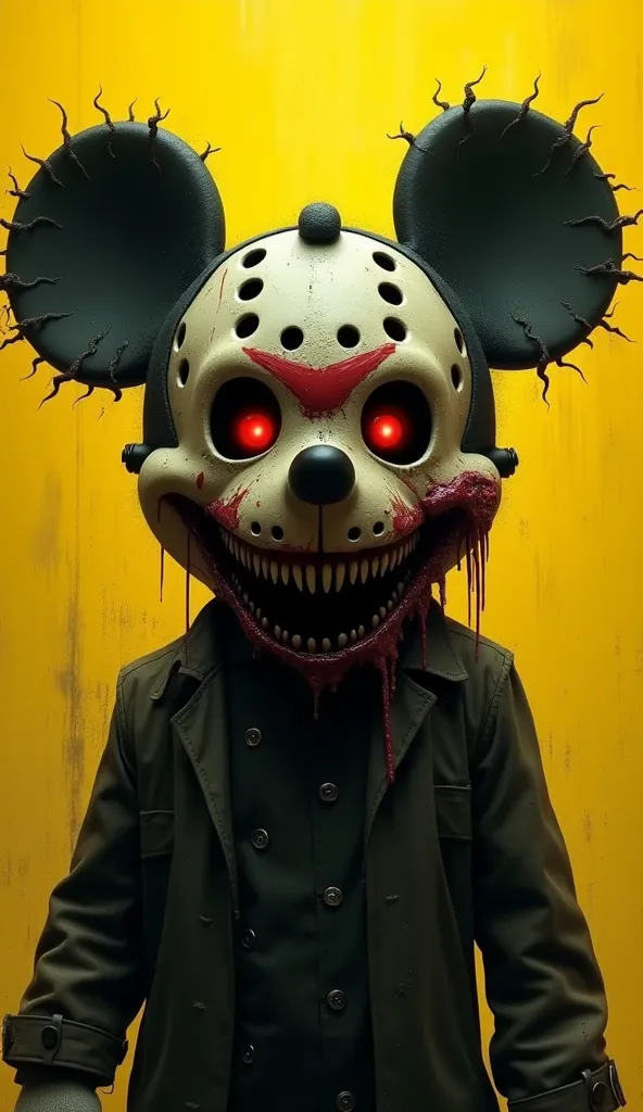 Mickey Mouse looks like Jason Voorhees horror Friday the 13th on the yellow background Skull Head of Goofy