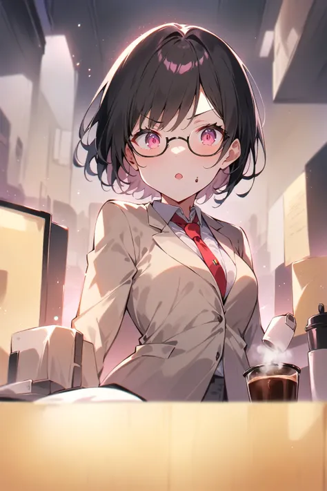 (score_9, score_8_up, score_7_up), source_anime, masterpiece, best quality, 1 cute girl, solo, japanese,short hair, black hair, pink eyes, office staff suit, jacket, glassess, coffee, break