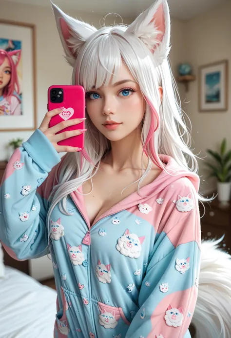 adult fox woman doing a selfie, soft make-up, BREAK wearing a fox Onesie pajamas BREAK (fox ears and fluffy tails), curvy hair, ((white hair with pink streaks)), cyan blue eyes, Natural soft light, vivid colors, depth of field, masterpiece, semi-realistic ...