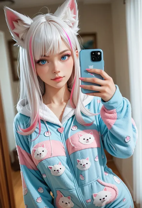 adult fox woman doing a selfie, soft make-up, BREAK wearing a fox Onesie pajamas BREAK (fox ears and fluffy tails), curvy hair, ((white hair with pink streaks)), cyan blue eyes, Natural soft light, vivid colors, depth of field, masterpiece, semi-realistic ...