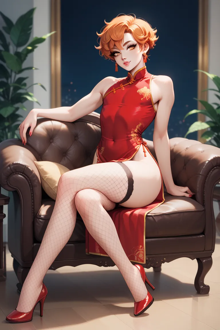 man. femboy. beautiful very short very wavy bright orange mullet style hair. Beautiful bright orange eyes. small waist and wide hips. sexy legs, Red Chinese dress, red fishnet stockings and red high heels, thin and sexy lips, He is sitting in a red leather...