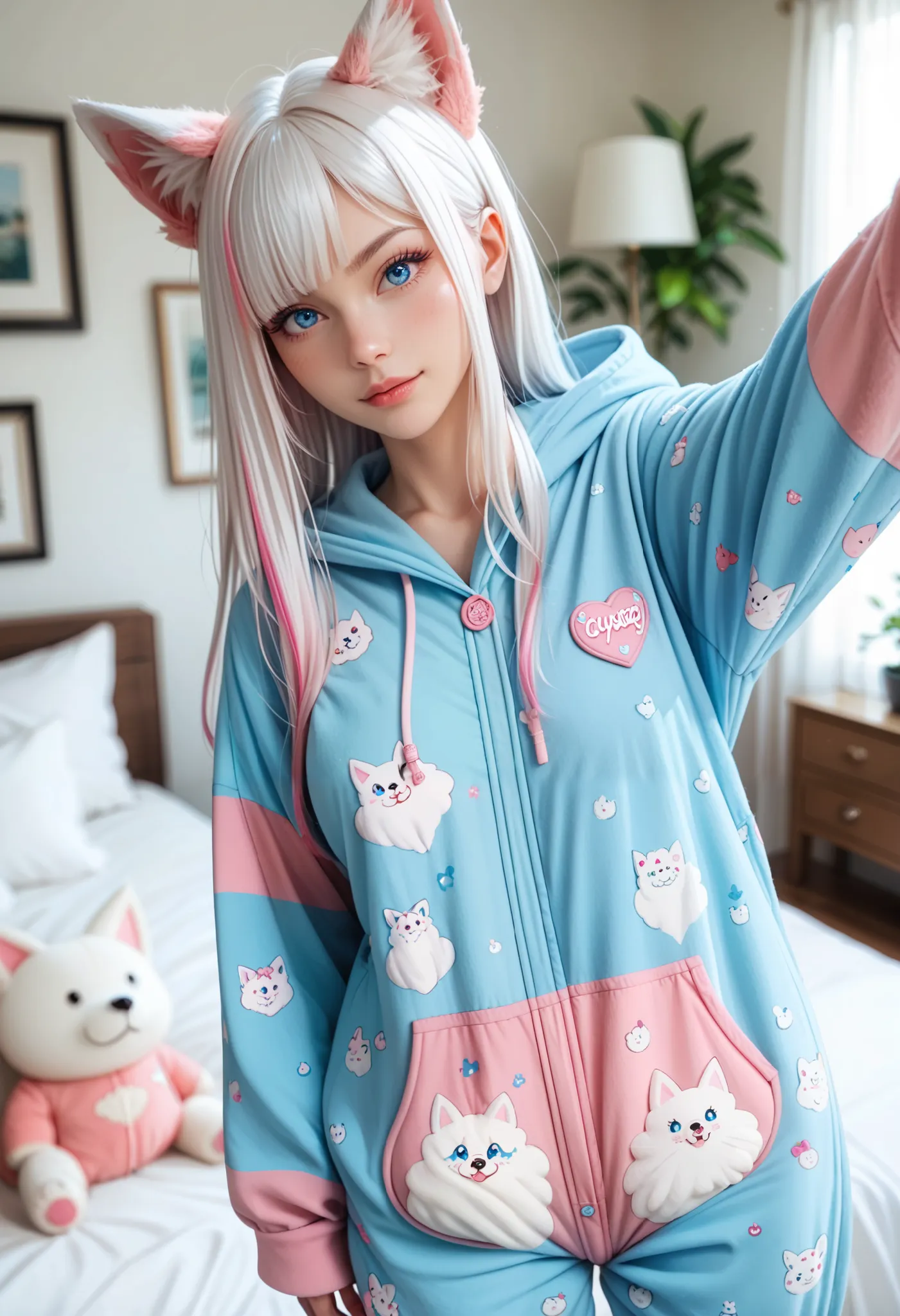 adult fox woman doing a selfie, soft make-up, BREAK wearing a fox Onesie pajamas BREAK (fox ears and fluffy tails), curvy hair, ((white hair with pink streaks)), cyan blue eyes, Natural soft light, vivid colors, depth of field, masterpiece, semi-realistic ...