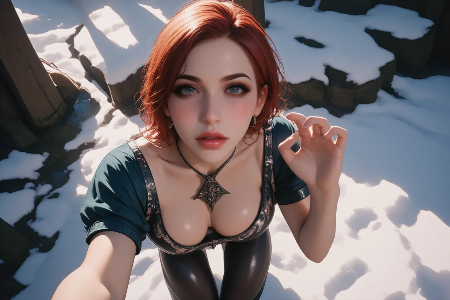 Triss Merigold (from the game Witcher 3), render, Special feature, huntress Leggings,  deep cut top , small breasts, perfect cleavage , excited facial expression,  soft light, bright light,  wardrobe , full screen, moist orgasm-like mouth, plumped seductiv...