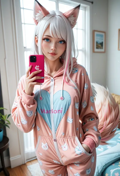 adult fox woman doing a selfie, soft make-up, BREAK wearing a fox Onesie pajamas BREAK (fox ears and fluffy tails), curvy hair, ((white hair with pink streaks)), cyan blue eyes, Natural soft light, vivid colors, depth of field, masterpiece, semi-realistic ...