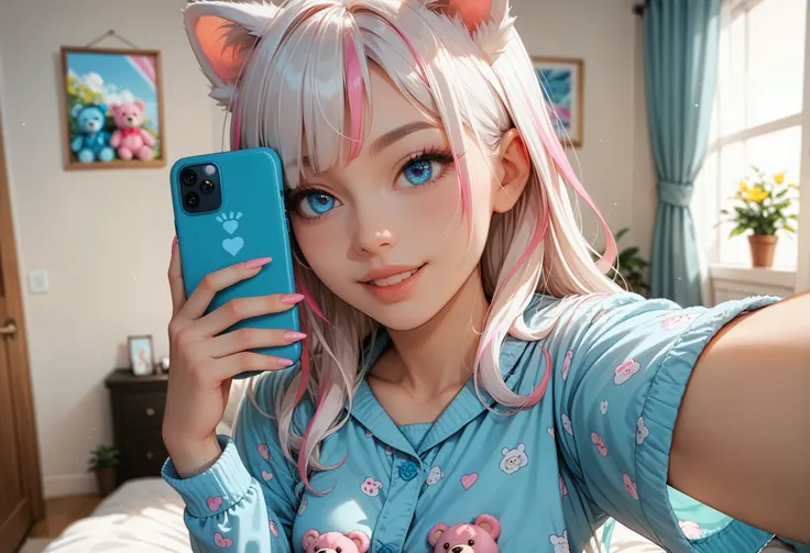 adult fox woman doing a selfie, soft make-up, BREAK wearing a cute teddy bear pajamas BREAK (fox ears and fluffy tails), curvy hair, ((white hair with pink streaks)), cyan blue eyes, Natural soft light, vivid colors, depth of field, masterpiece, semi-reali...