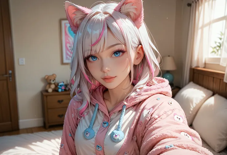 adult fox woman doing a selfie, soft make-up, BREAK wearing a teddy bear Onesie pajamas BREAK (fox ears and fluffy tails), curvy hair, ((white hair with pink streaks)), cyan blue eyes, Natural soft light, vivid colors, depth of field, masterpiece, semi-rea...