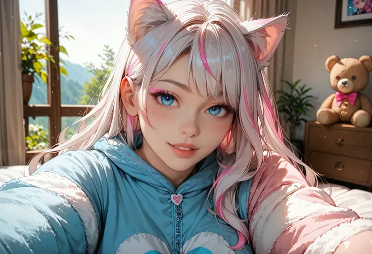 adult fox woman doing a selfie, soft make-up, BREAK wearing a teddy bear Onesie pajamas BREAK (fox ears and fluffy tails), curvy hair, ((white hair with pink streaks)), cyan blue eyes, Natural soft light, vivid colors, depth of field, masterpiece, semi-rea...