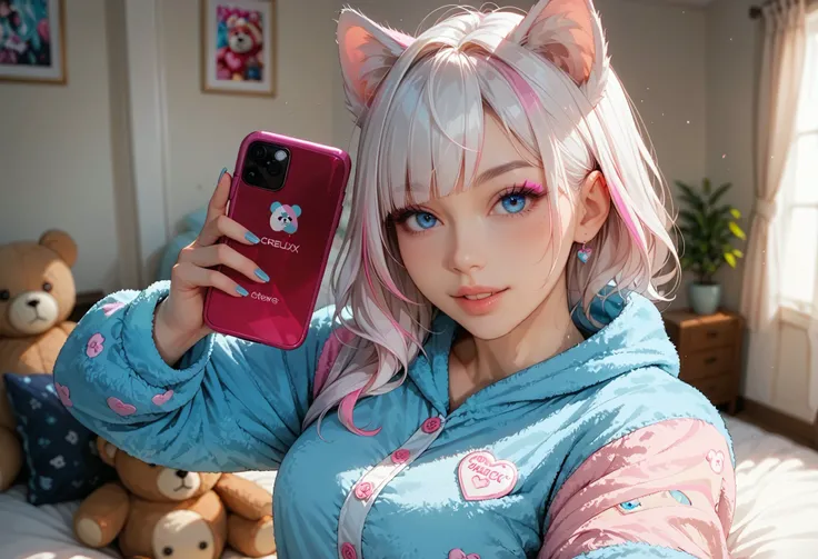 adult fox woman doing a selfie, soft make-up, BREAK wearing a teddy bear Onesie pajamas BREAK (fox ears and fluffy tails), curvy hair, ((white hair with pink streaks)), cyan blue eyes, Natural soft light, vivid colors, depth of field, masterpiece, semi-rea...