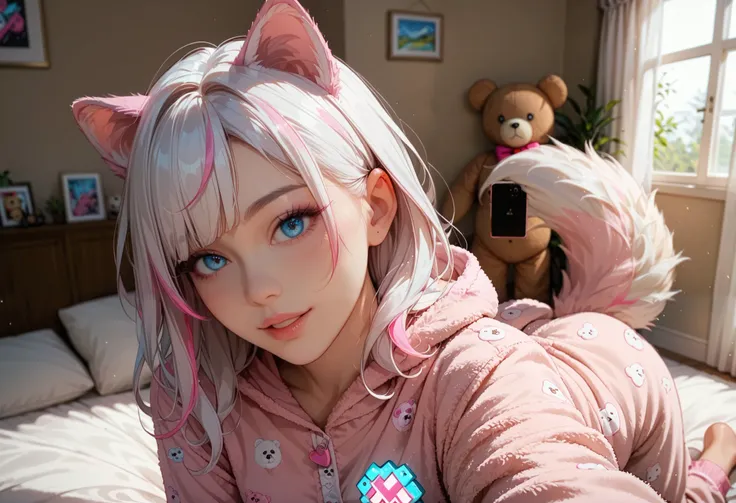 adult fox woman doing a selfie, soft make-up, BREAK wearing a teddy bear Onesie pajamas BREAK (fox ears and fluffy tails), curvy hair, ((white hair with pink streaks)), cyan blue eyes, Natural soft light, vivid colors, depth of field, masterpiece, semi-rea...