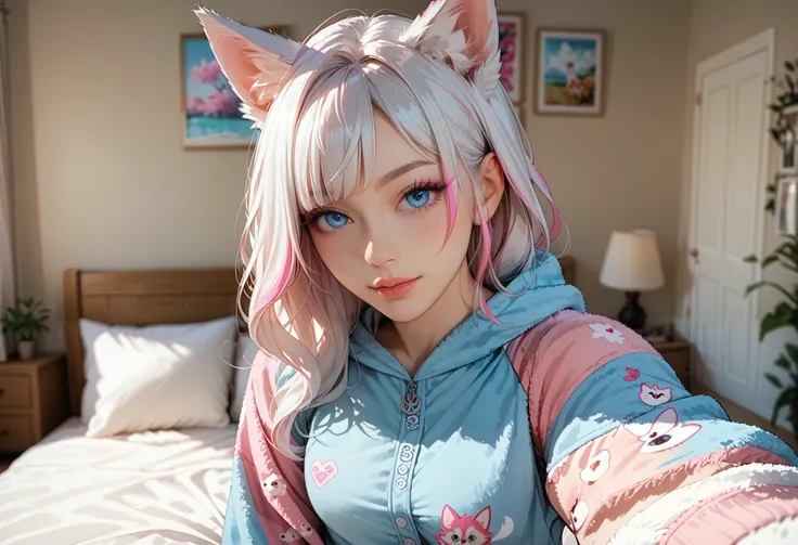 adult fox woman doing a selfie, soft make-up, BREAK wearing a fox Onesie pajamas BREAK (fox ears and fluffy tails), curvy hair, ((white hair with pink streaks)), cyan blue eyes, Natural soft light, vivid colors, depth of field, masterpiece, semi-realistic ...