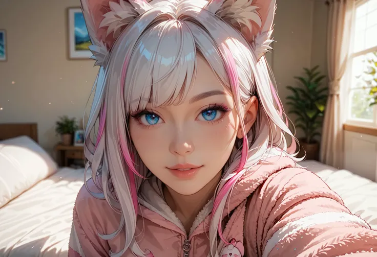 adult fox woman doing a selfie, soft make-up, BREAK wearing a fox Onesie pajamas BREAK (fox ears and fluffy tails), curvy hair, ((white hair with pink streaks)), cyan blue eyes, Natural soft light, vivid colors, depth of field, masterpiece, semi-realistic ...