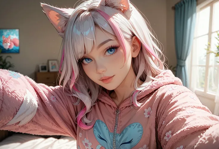 adult fox woman doing a selfie, soft make-up, BREAK wearing a fox Onesie pajamas BREAK (fox ears and fluffy tails), curvy hair, ((white hair with pink streaks)), cyan blue eyes, Natural soft light, vivid colors, depth of field, masterpiece, semi-realistic ...