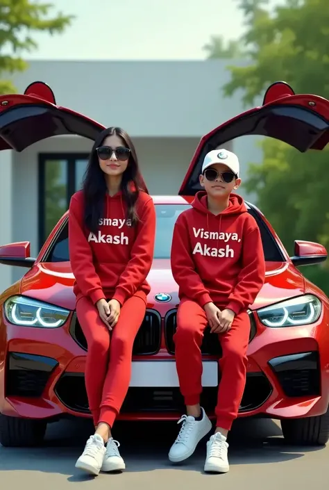 A boy and a girl are holding the letters KH and GH on them and behind them is a BMW