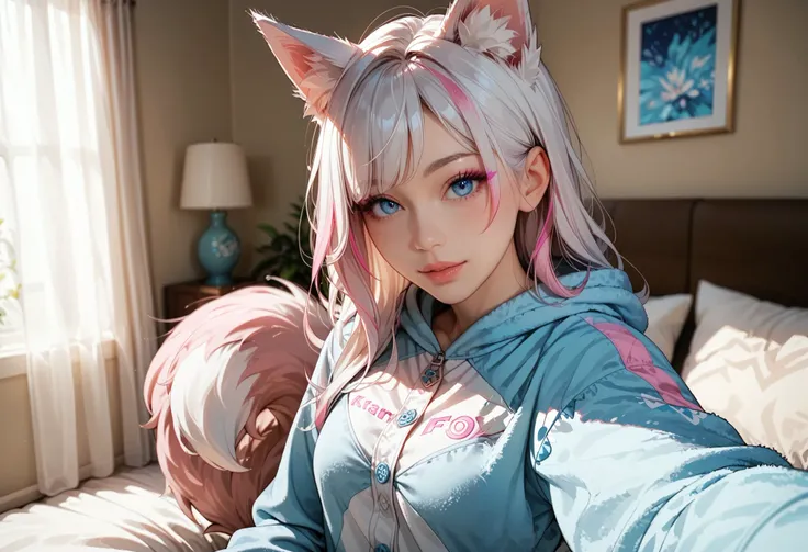 adult fox woman doing a selfie, soft make-up, BREAK wearing a fox Onesie pajamas BREAK (fox ears and fluffy tails), curvy hair, ((white hair with pink streaks)), cyan blue eyes, Natural soft light, vivid colors, depth of field, masterpiece, semi-realistic ...