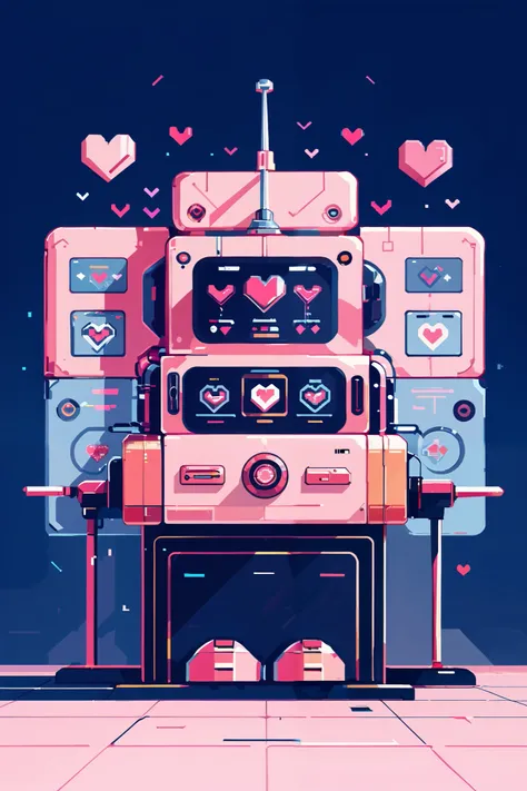 masterpiece, best quality, wide view, pink, heart, pink heart, big heart, a huge factory, robots, machines,