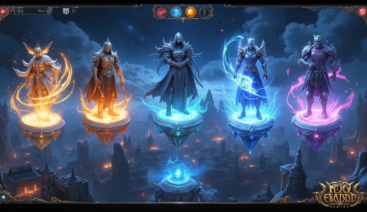 Ultra-detailed MMORPG character selection screen, panoramic view of 5 floating holographic character models on crystal platforms,  
each hero surrounded by their class sigils: [1] Paladin with golden light particles swirling around a floating sanctum shiel...
