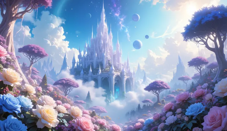 masterpiece, A beautiful white castle, a large forest of white and light blue roses, a lot of clouds everywhere, a planet in the sky and stars, un castillo blanco muy Detailed, beautiful forest of white and light blue roses of impressive color, clouds all ...