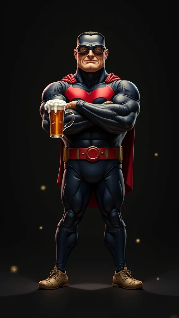 “Create a muscular and charismatic superhero in the style of classic American cartoons. He wears a tight blue outfit with red details and a flowing cover. in the chest, there is a flashy emblem that represents a beer brand. Instead of beer cans on the belt...