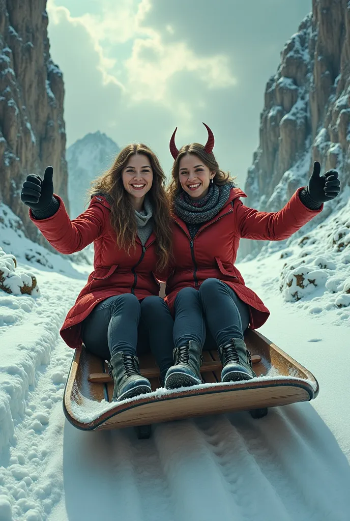 Create a image of two woman going down on a toboggan straigh to hell hand in hand smiling with the devil on their back