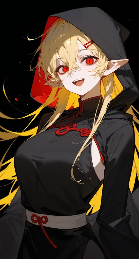 girl,Yellow Hair, Tomboy,Split hair,long hair,big-breasted,Slim Gold Hairpin,in red eyes, Ghoul eyes,Pointed ears,milf,Open your mouth,Sleeveless kimono,Black Robe,smile,,long hair,black background,Hood