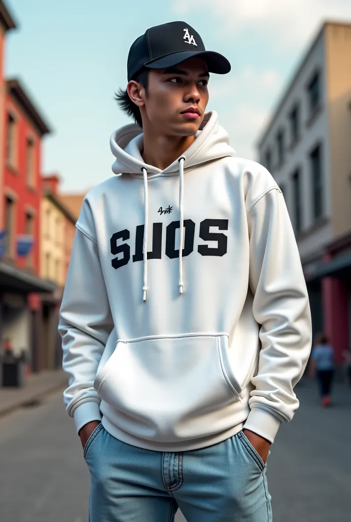 Create a man dressed in a black cap, white hoodie with letters in front, light blue jean pants and soft shoes like Nike Aifors 