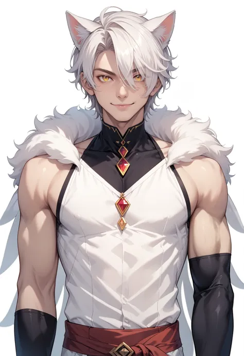 score_9, score_8_up, score_7_up, source_anime, 1boy, male focus, solo, cowboy shot, visual novel, front view, simple background, yellow eye, Slit-Pupils, white cat ears, white cat tail, white hair, short hair, hair over one eye, shirt, white shirt, sleevel...