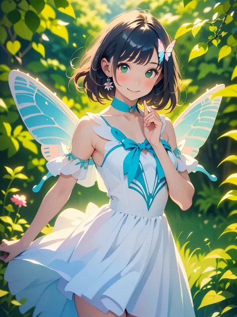 (masterpiece, Highest quality, Highest quality, Beautiful and beautiful:1.2), Excellent anatomy, (Watercolor painting 1.5), Long Shot, Straight short hair picture, Trendy Hair Color, Beautiful smile, Fairy, Butterfly Fairy costume, Pure white , Pure, charm...