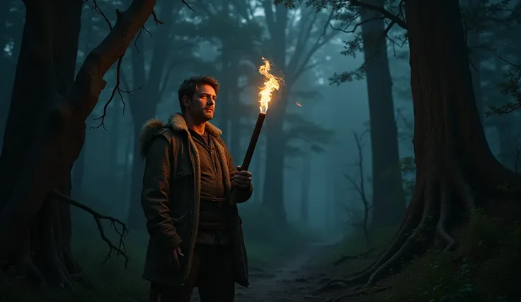 A man in the forest holding a torch, imagining frightening shadowy creatures in the darkness.
