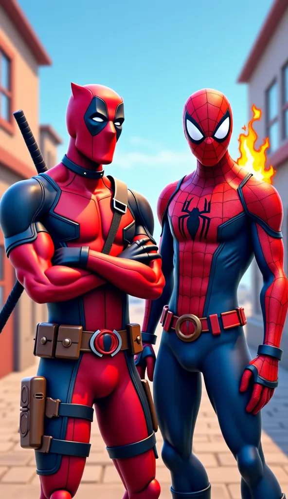 Create a vibrant, cartoonish image in the visual style characteristic of Fortnite, showing Deadpool, Venom and Spider-Man together, side by side, in an out-of-prison setting , Deadpool laughing and Spider-Man and Venom breathing fire. Both are positioned f...